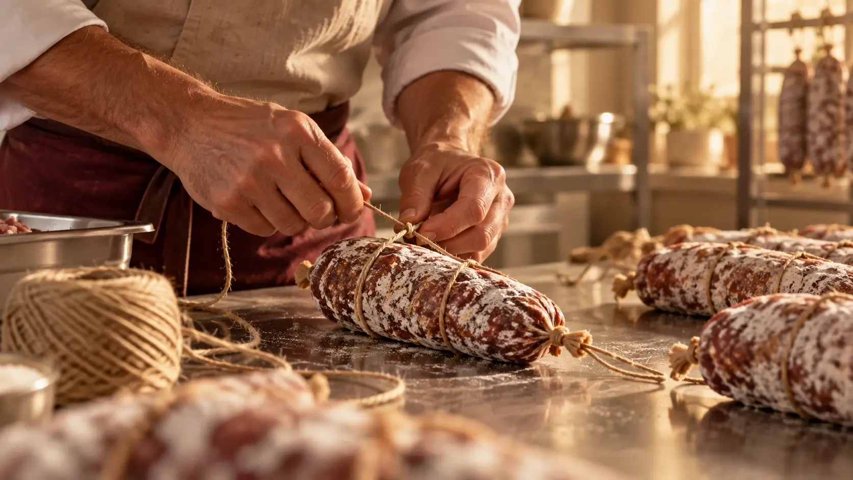 Ficellage d’un saucisson en boyau naturel lors de sa fabrication