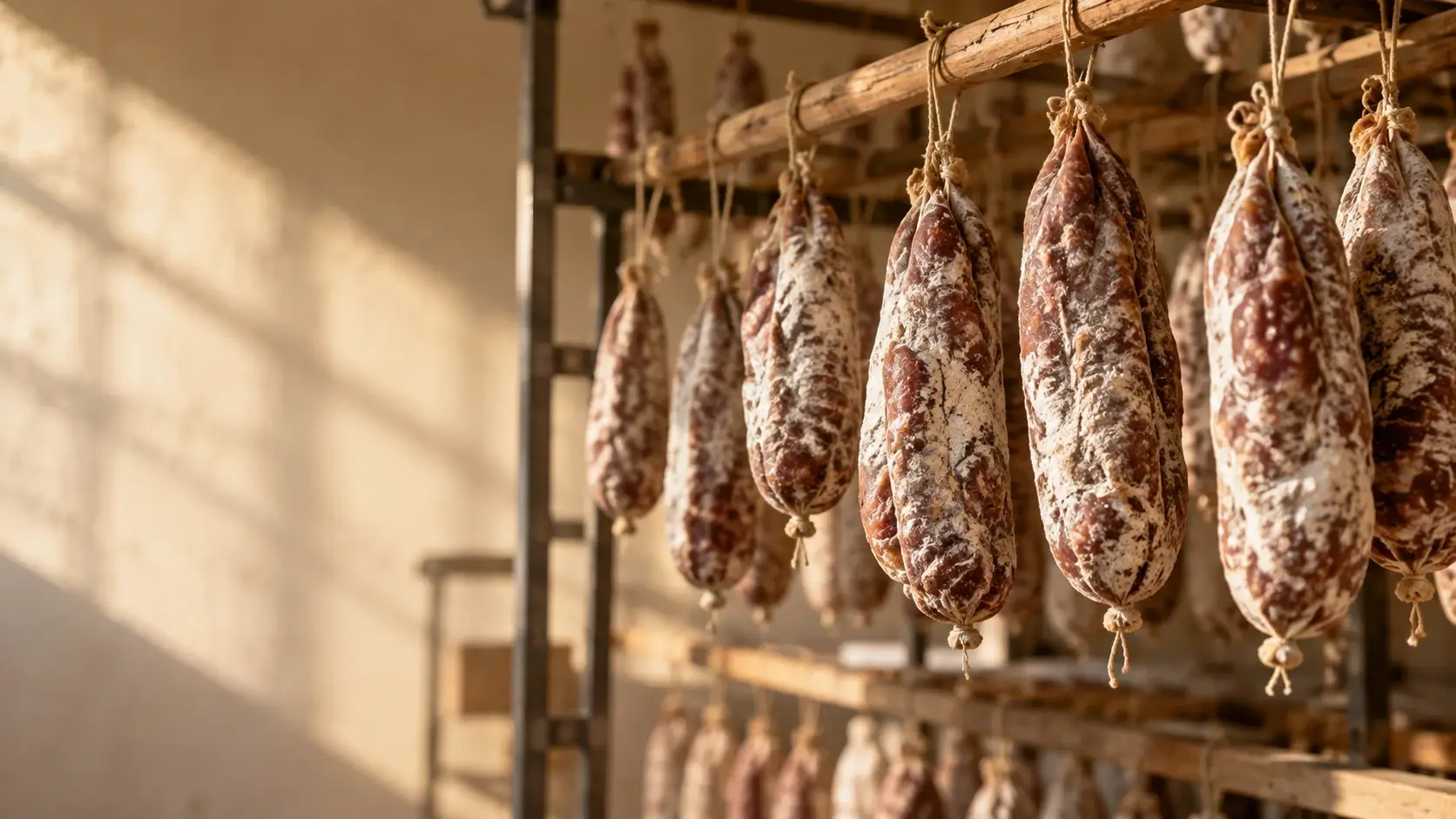 Saucissons suspendus dans un séchoir pendant la phase de séchage et d’affinage